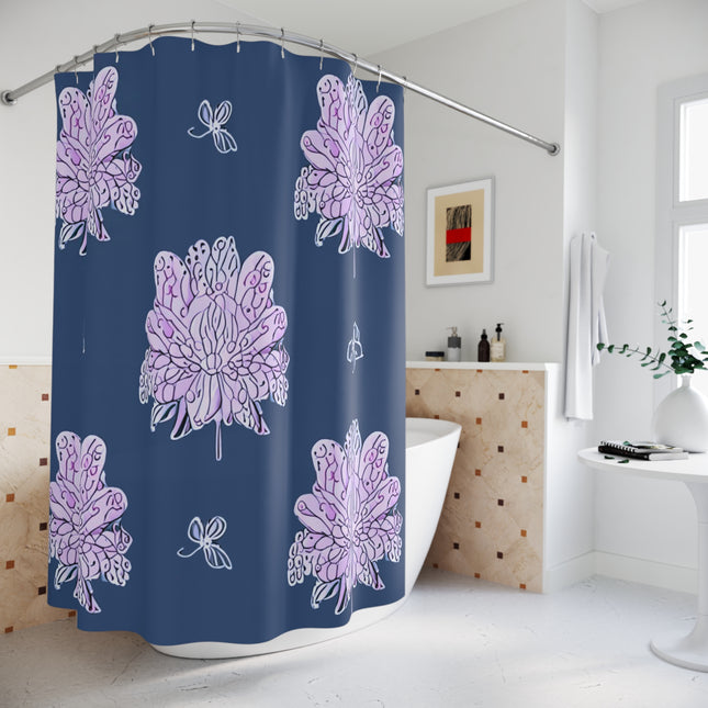 Purple White Floral Butterflies Shower Curtain, 71" x 74"