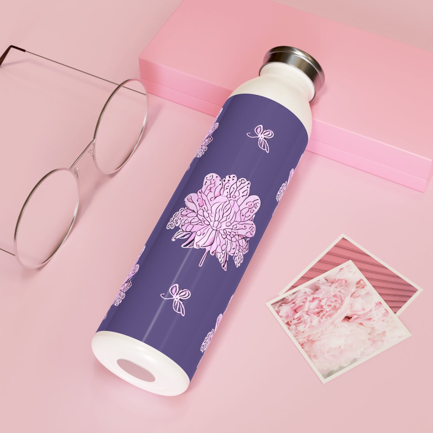 Magenta Floral Butterflies Slim Water Bottle, 20 oz White