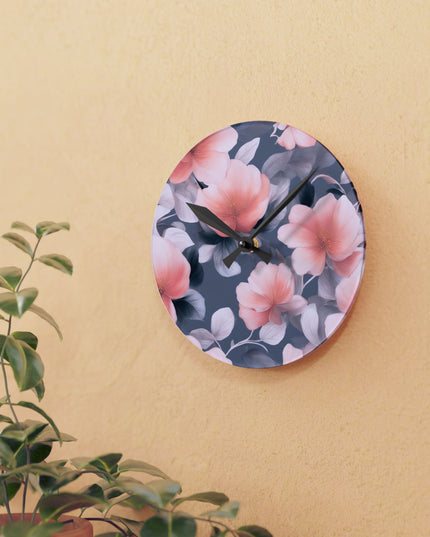 Peach and Blue Gray Floral Bunch Acrylic Round Wall Clock, 8" x 8"