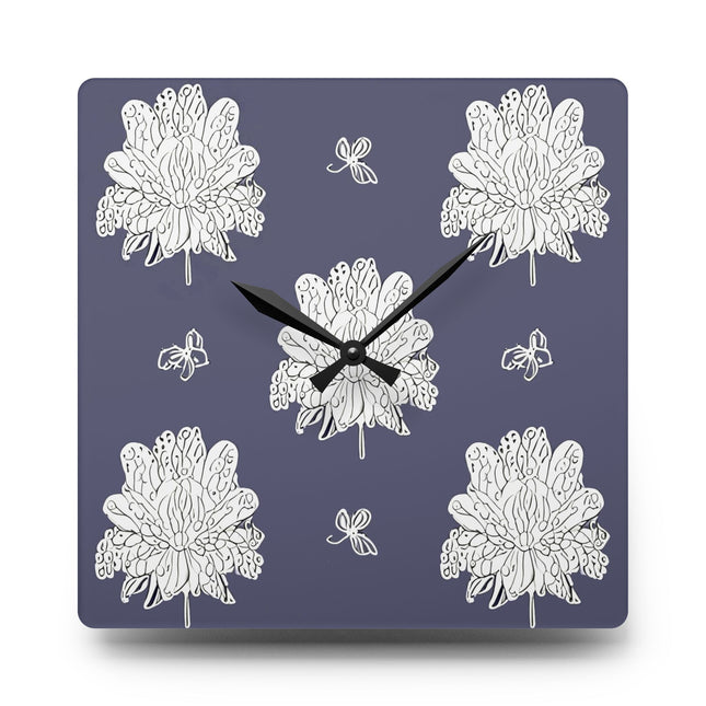 White Floral Butterflies Acrylic Wall Clock, Round or Square, 10.75" x 10.75"