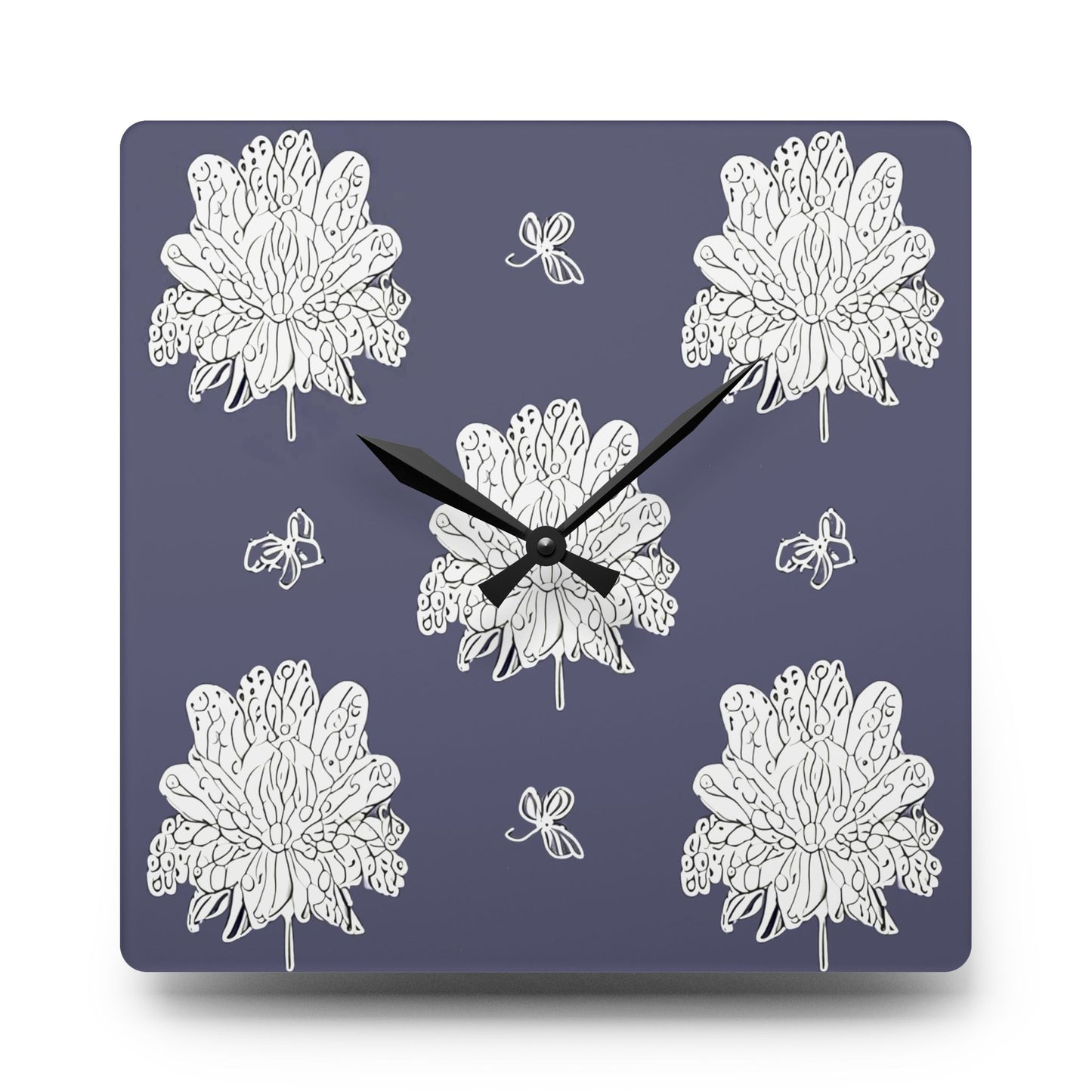White Floral Butterflies Acrylic Wall Clock, Round or Square, 10.75" x 10.75"