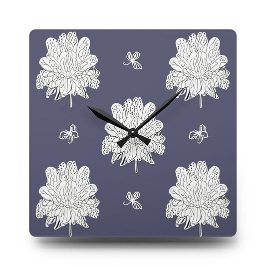 White Floral Butterflies Acrylic Wall Clock, Round or Square, 10.75" x 10.75"