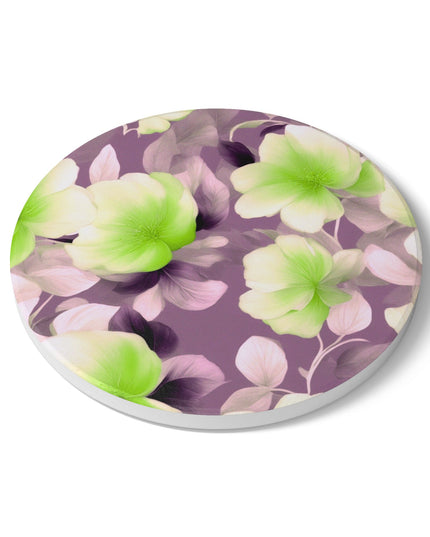 Lime Lavender Floral Bunch Round Ceramic Coaster, 4" x 4"
