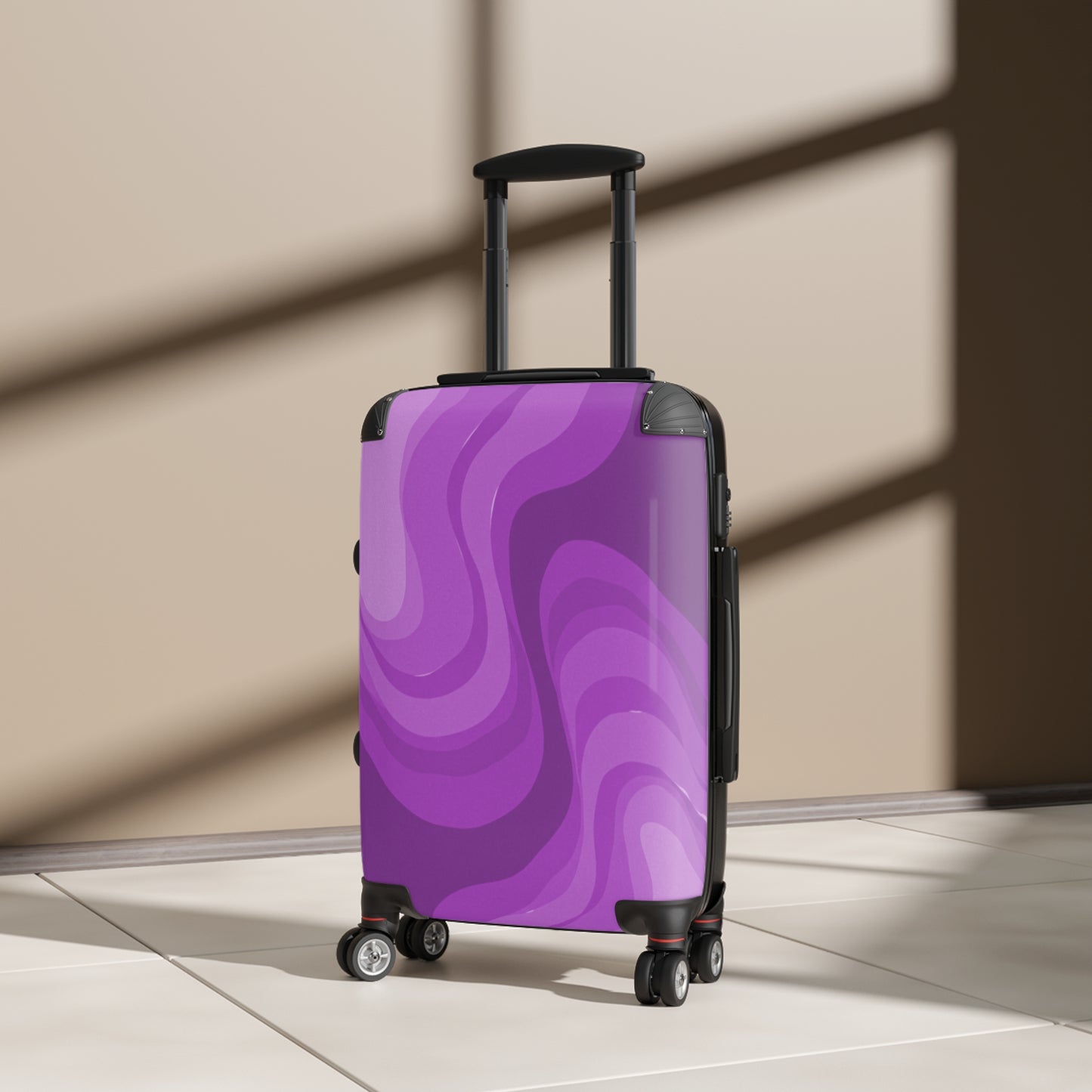Wavey Purple Wavey Small Suitcase with built in lock, 4 double-wheels, telescopic handle, and ABS back hard-shell