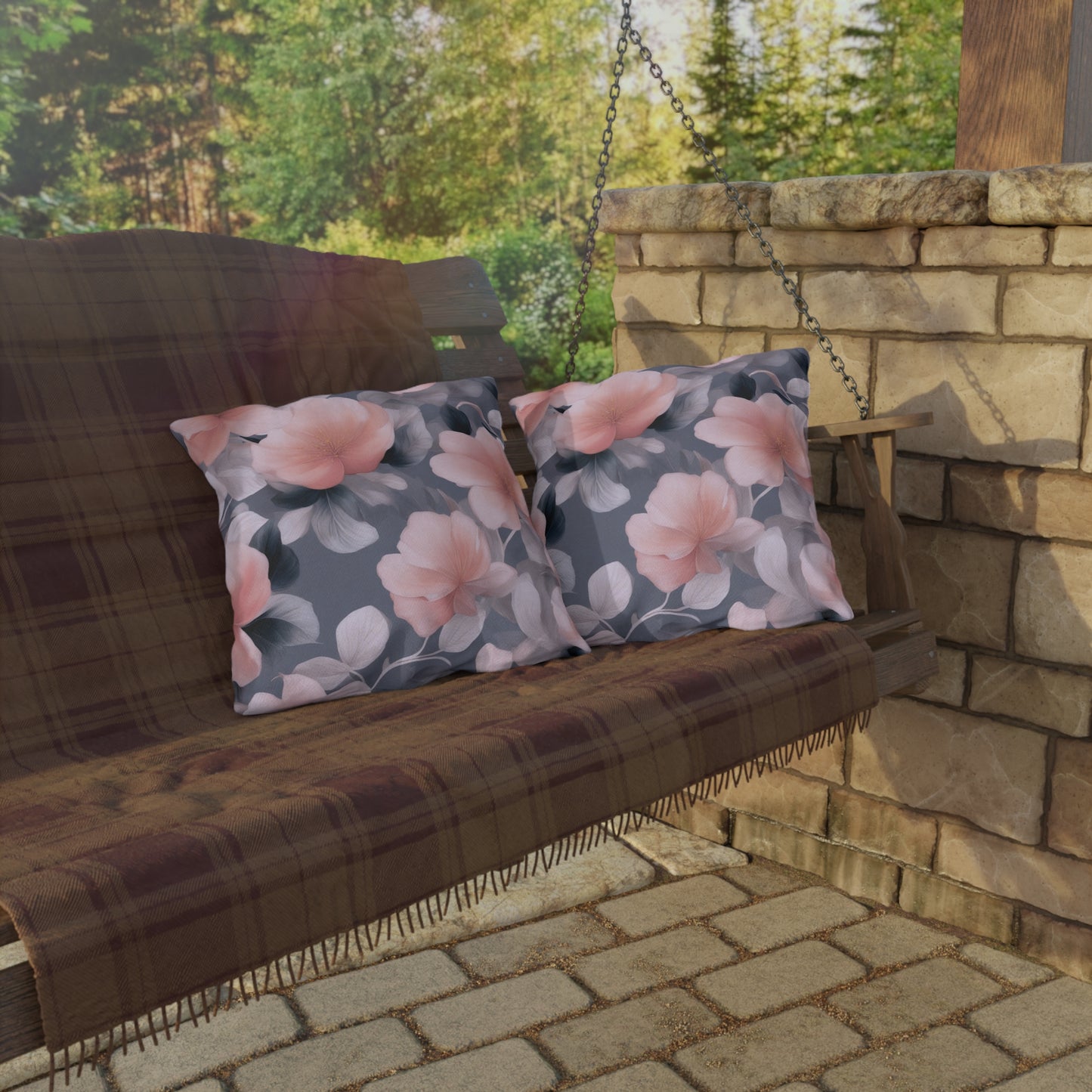 Peach and Blue Gray Floral Bunch 18" x 18" Outdoor Pillow