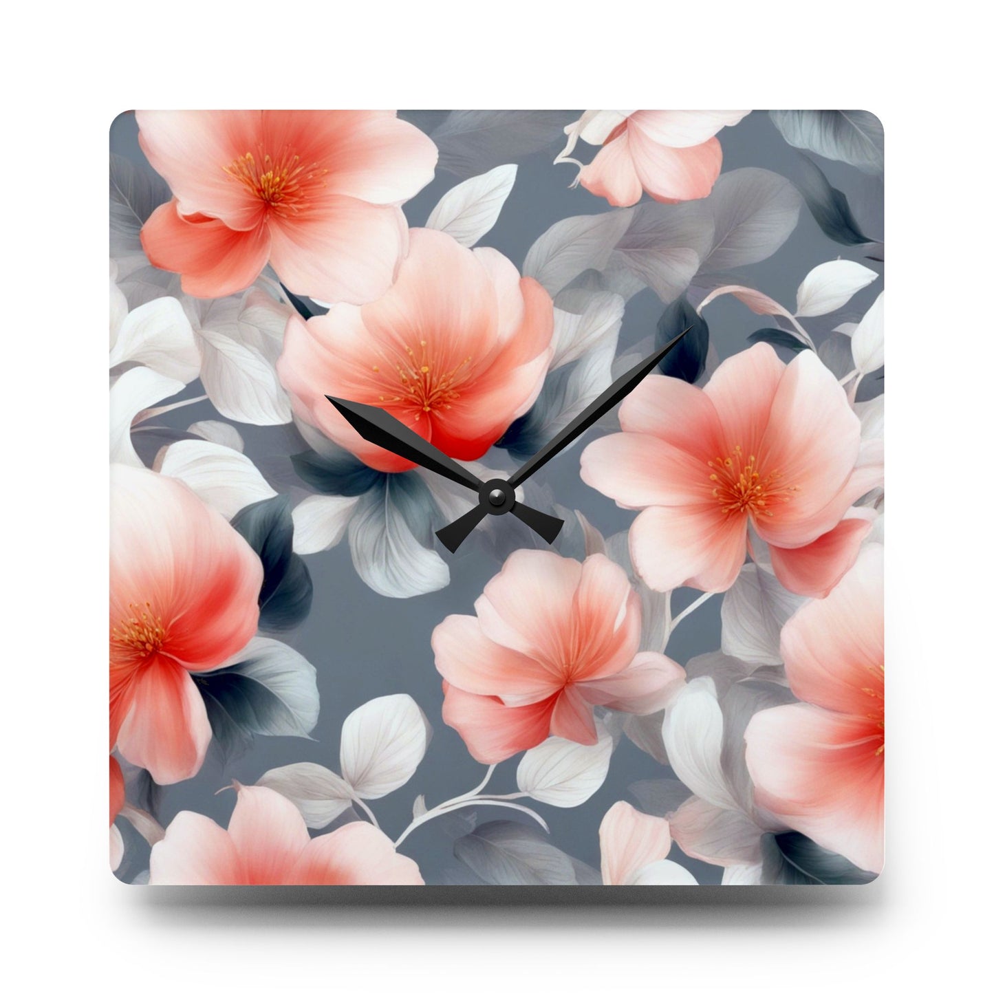 Red Blossom Floral Bunch Acrylic Wall Clock, Round or Square, 10.75" x 10.75"