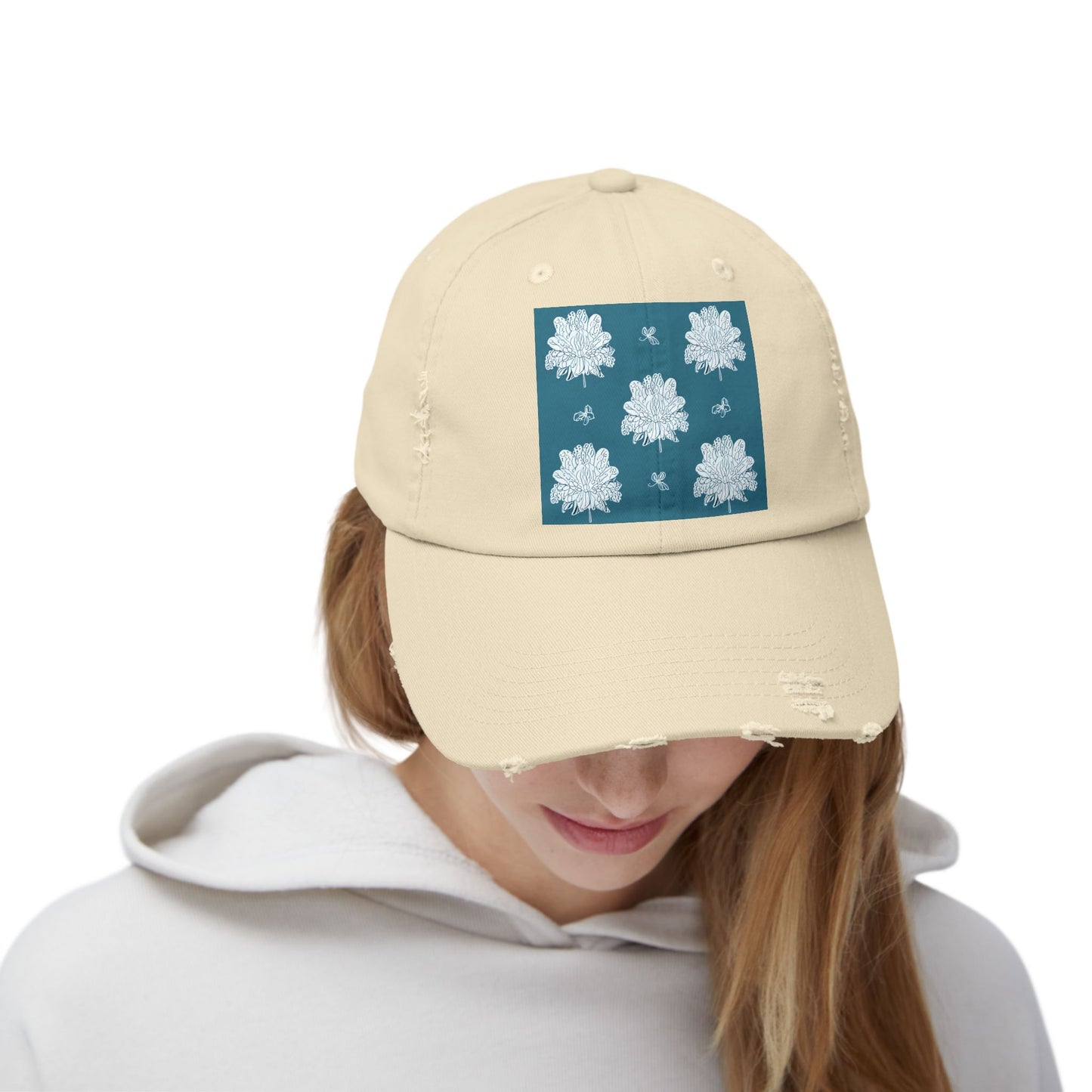 Tif Green White Floral Butterflies Unisex Distressed Cap