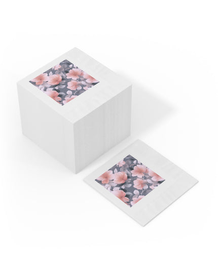Peach and Blue Gray Floral Bunch White Coined Napkins, 4.8" x 4.8"