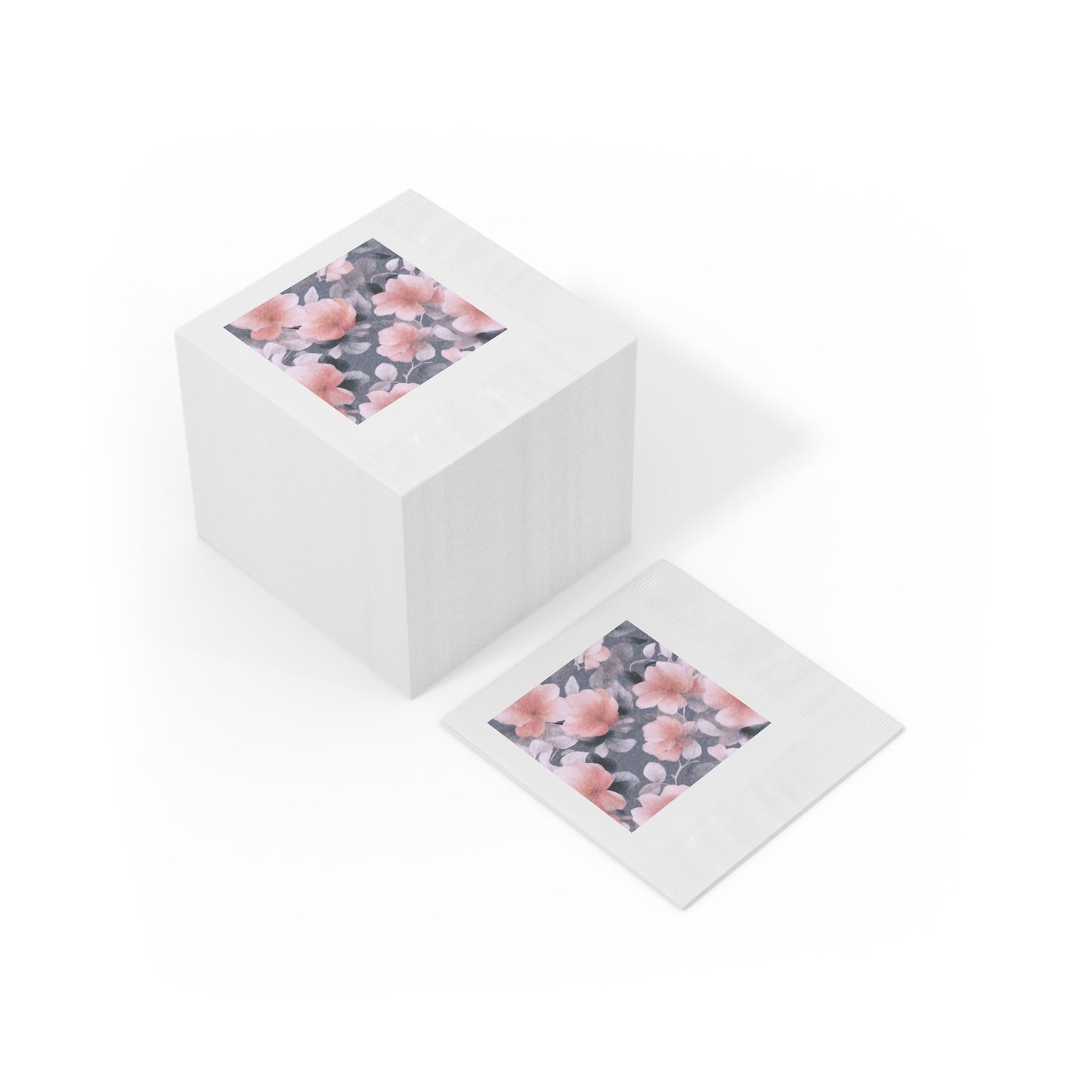 Peach and Blue Gray Floral Bunch White Coined Napkins, 4.8" x 4.8"