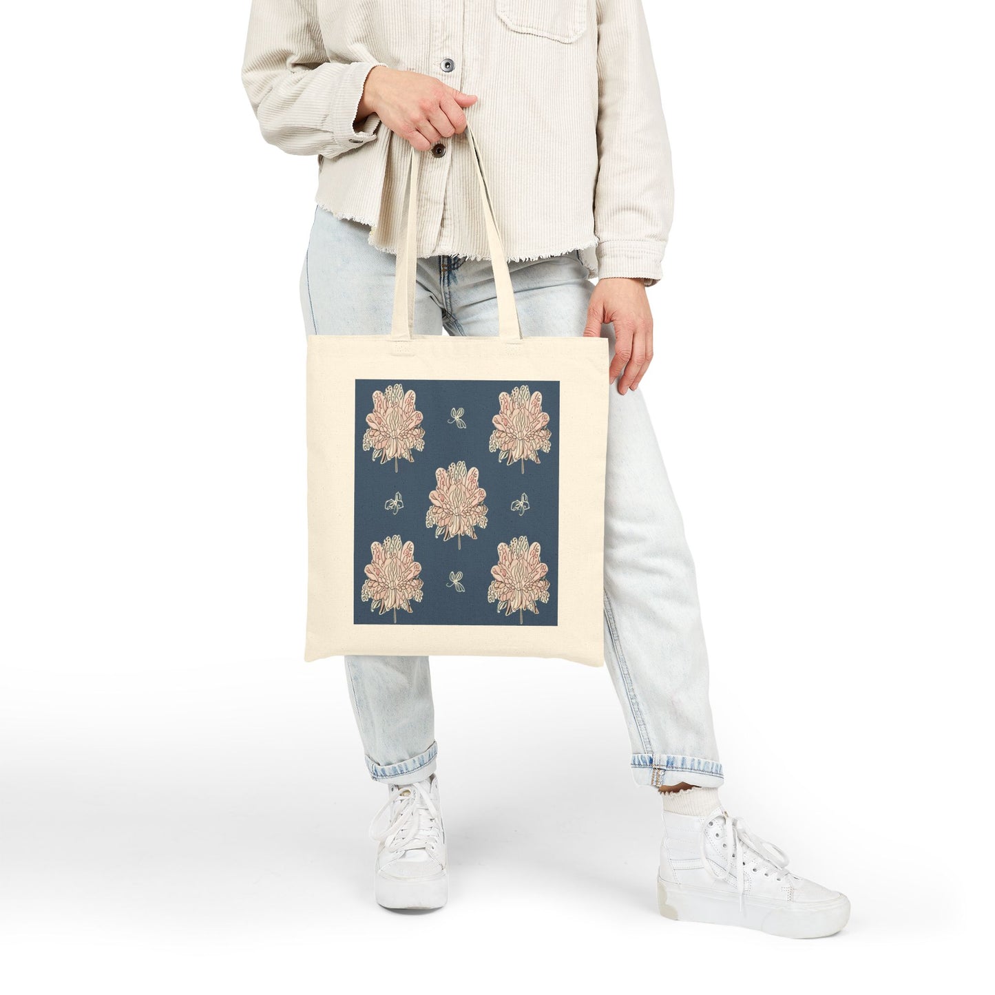 Rose White Floral Butterflies Cotton Canvas Tote Bag