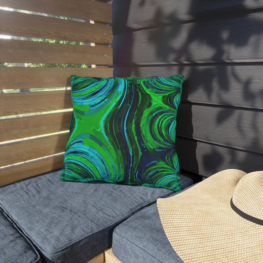 Uzi Spiral Blue Green Outdoor Pillow, 16" x 16"
