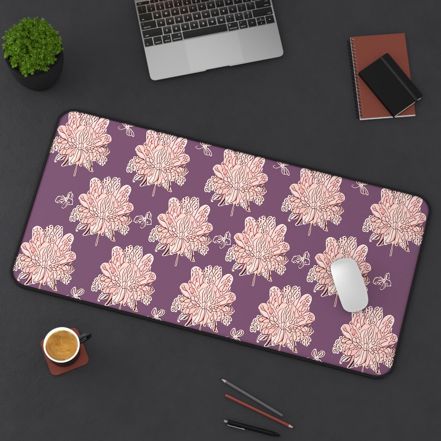 Pink Floral Butterflies 16" x 32" Desk Mat