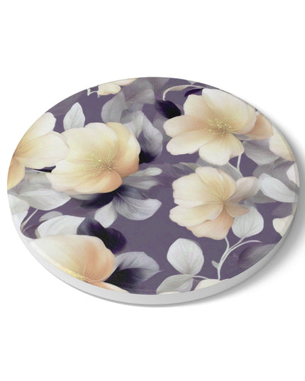 White Blush Floral Bunch Round Ceramic Coaster, 4" x 4"