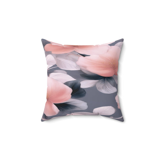 Peach and Blue Gray Floral Bunch Faux Suede Square Pillow, 14" x 14"