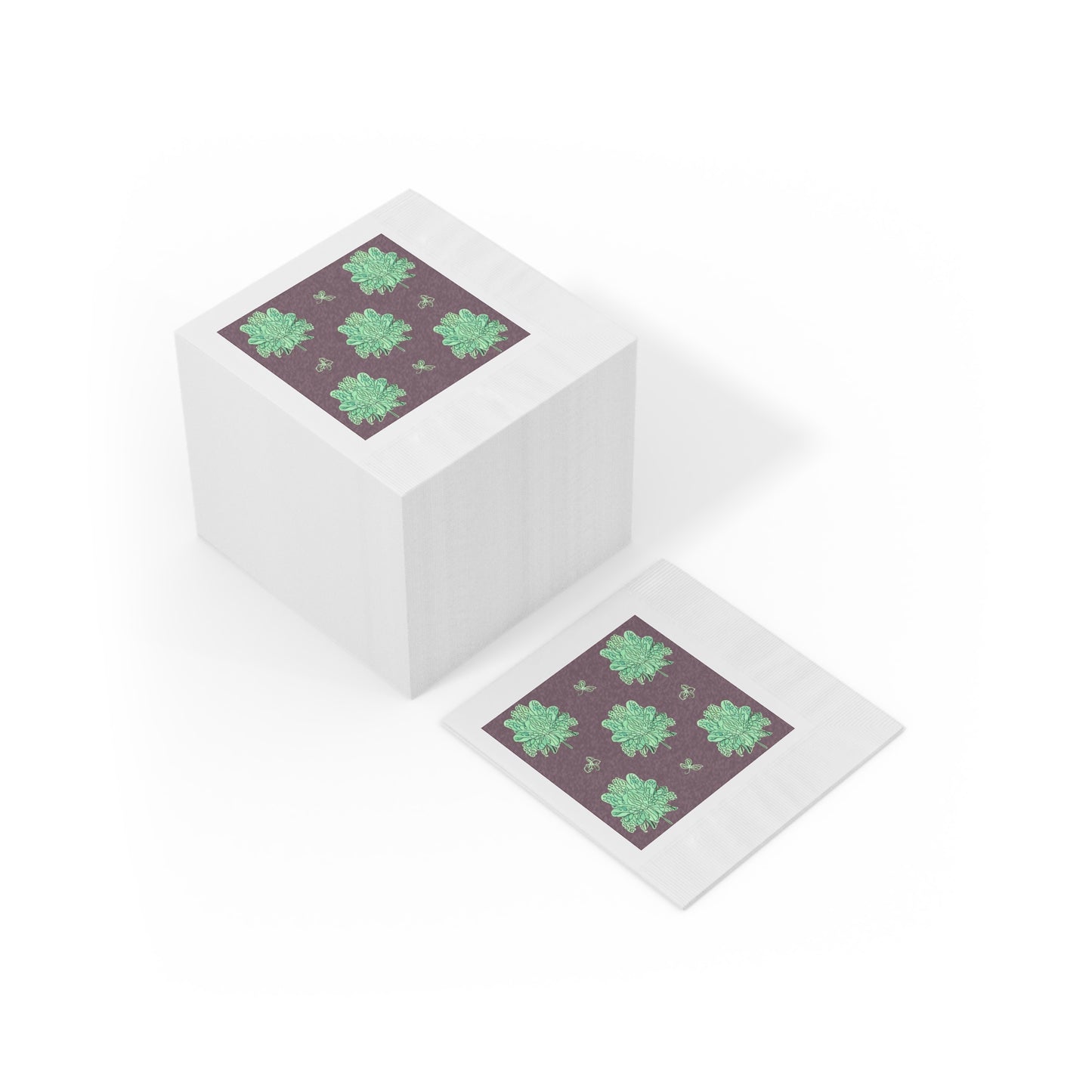 Mint Green Floral Butterflies White Coined Napkins, 6.5" x 6.5"