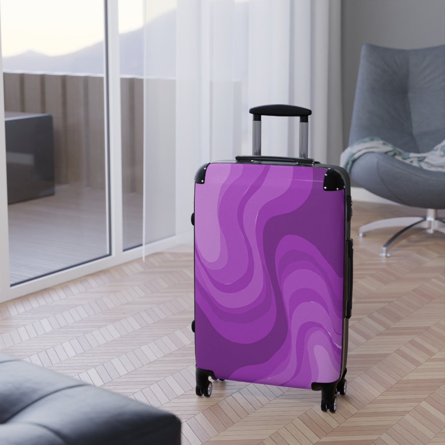 Wavey Purple Wavey Medium Suitcase with built in lock, 4 double-wheels, telescopic handle, and ABS back hard-shell