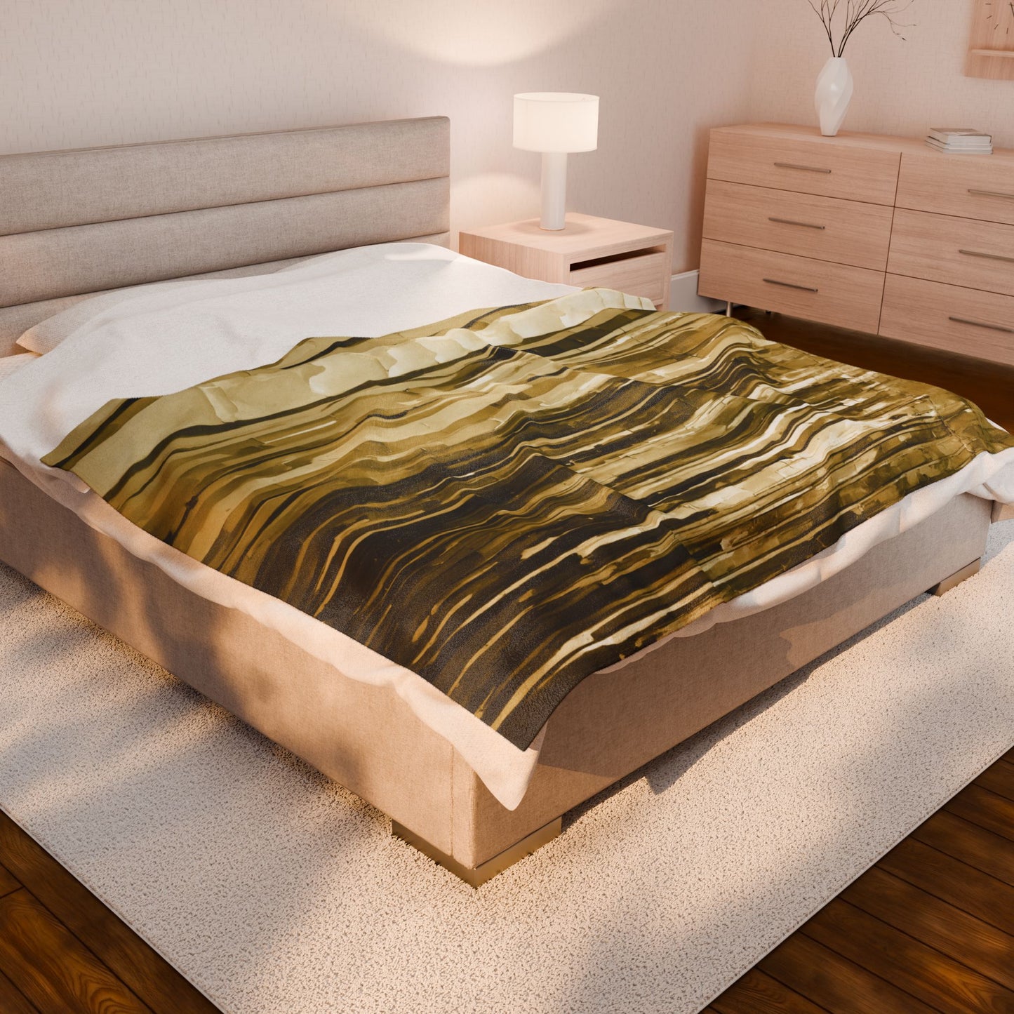 Striped Light Brown Velveteen Plush Blanket, 60" x 80"