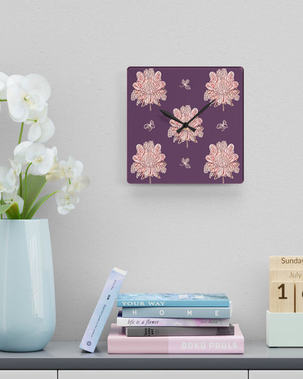 Pink Floral Butterflies Acrylic Wall Clock, Round or Square, 10.75" x 10.75"