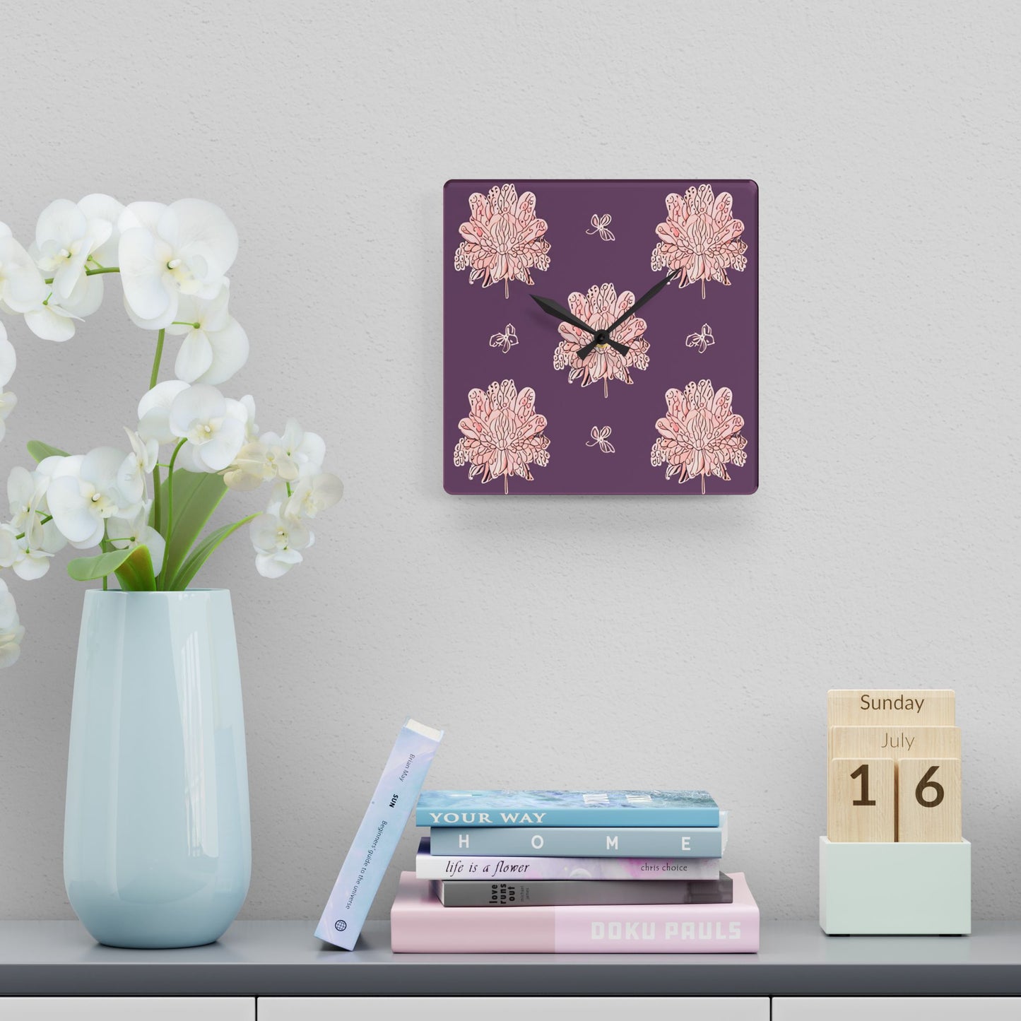 Pink Floral Butterflies Acrylic Wall Clock, Round or Square, 10.75" x 10.75"