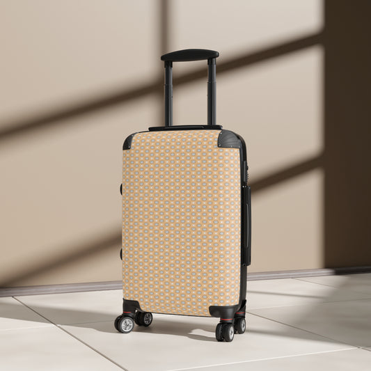 Tan Sunset Star-crossed Bodies Small Suitcase with built in lock, 4 double-wheels, telescopic handle, and ABS back hard-shell