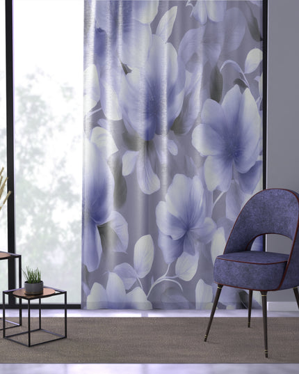 Indigo Blossom Floral Bunch Sheer Window Curtain, 50" x 84", partially transparent