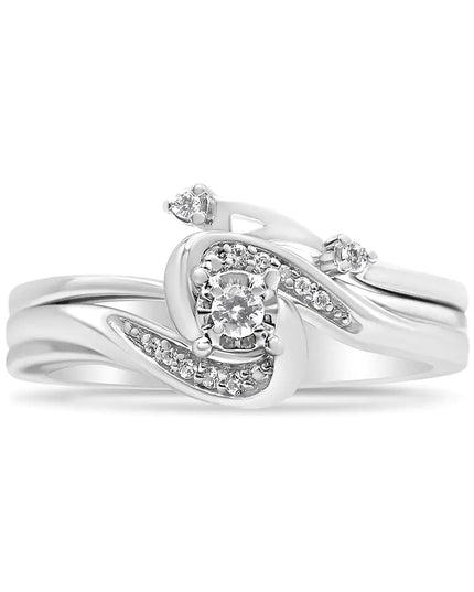 .925 Sterling Silver 1/10 Cttw Diamond Swirl and Bypass Bridal Set Ring and Band (I-J Color, I3 Clarity)