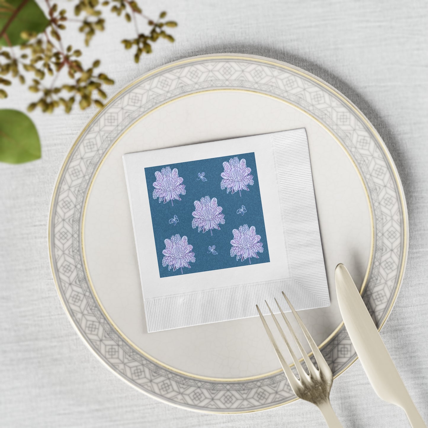 Lavender Floral Butterflies White Coined Napkins, 4.8" x 4.8"