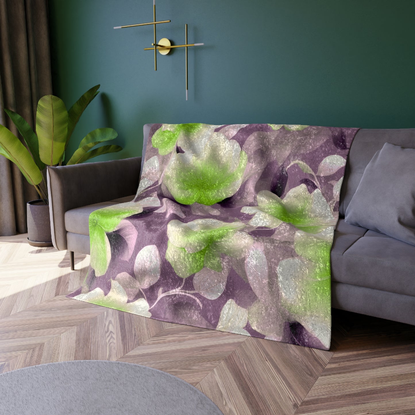 Lime Lavender Floral Bunch Crushed Velvet Blanket, 50" x 60"