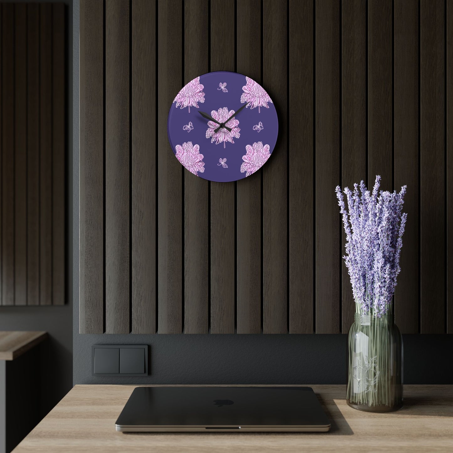 Magenta Floral Butterflies Acrylic Wall Clock, Round or Square, 10.75" x 10.75"