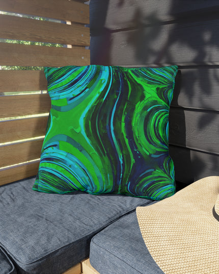 Uzi Spiral Blue Green Outdoor Pillow, 18" x 18"