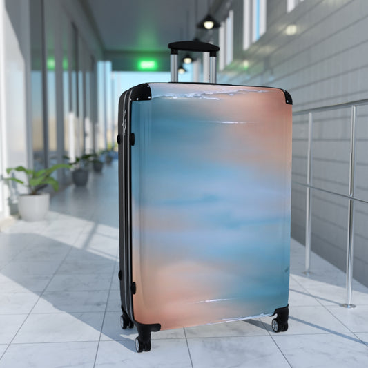 Blue Sea Peach Fog Large Suitcase with built in lock, 4 double-wheels, telescopic handle, and ABS back hard-shell