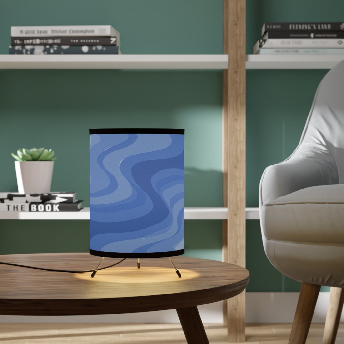 Deep Blue Wavey Tripod Lamp with High-Res Printed Shade, US\CA plug