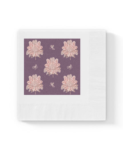 Pink Floral Butterflies White Coined Napkins, 4.8" x 4.8"