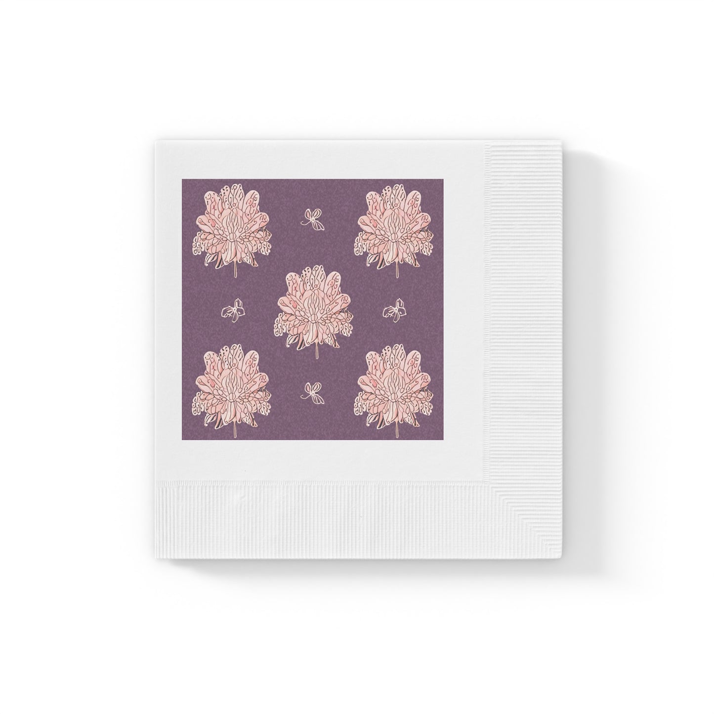 Pink Floral Butterflies White Coined Napkins, 4.8" x 4.8"