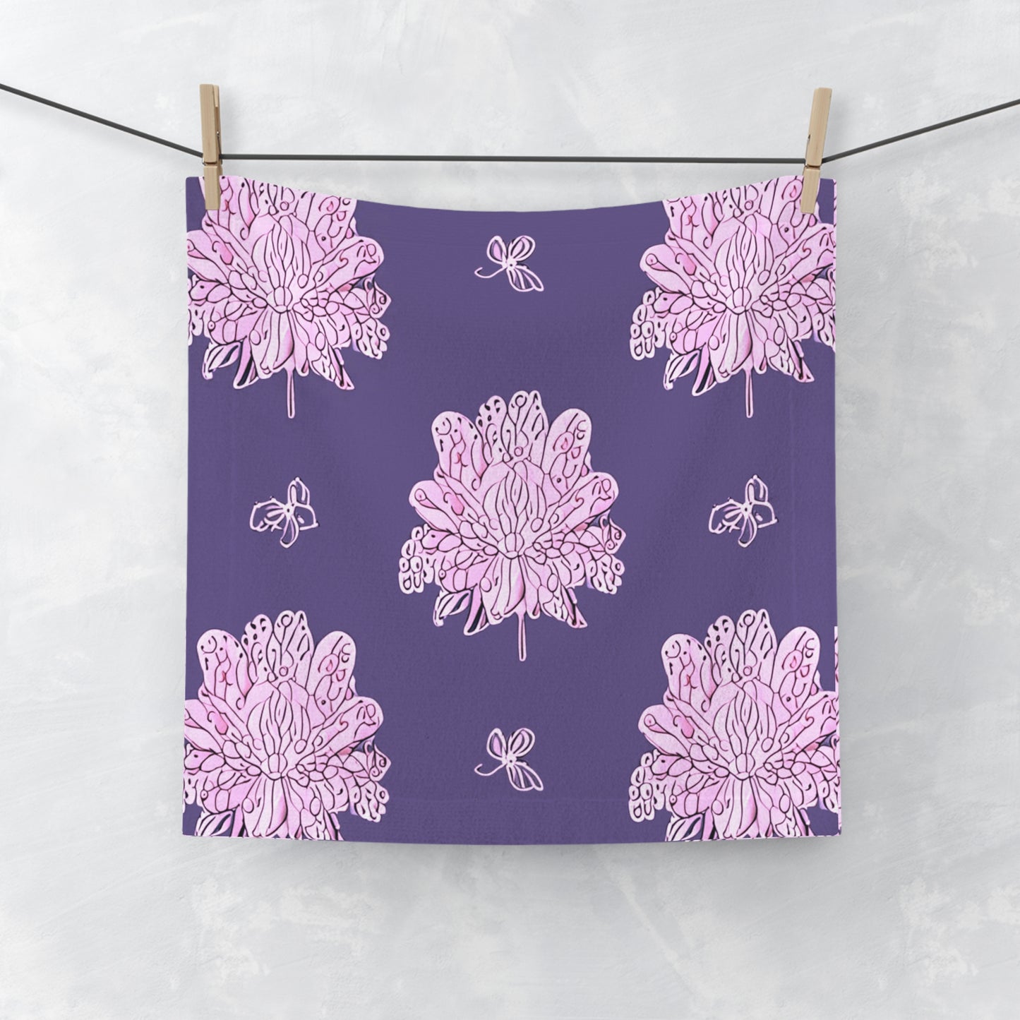Magenta Floral Butterflies Face Towel, 13" x 13"