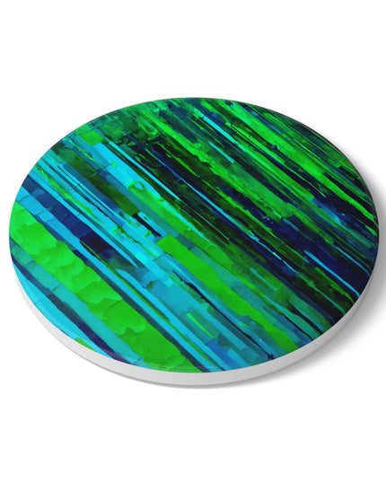 Striped Blue Green 4" x 4" Round Ceramic Coaster