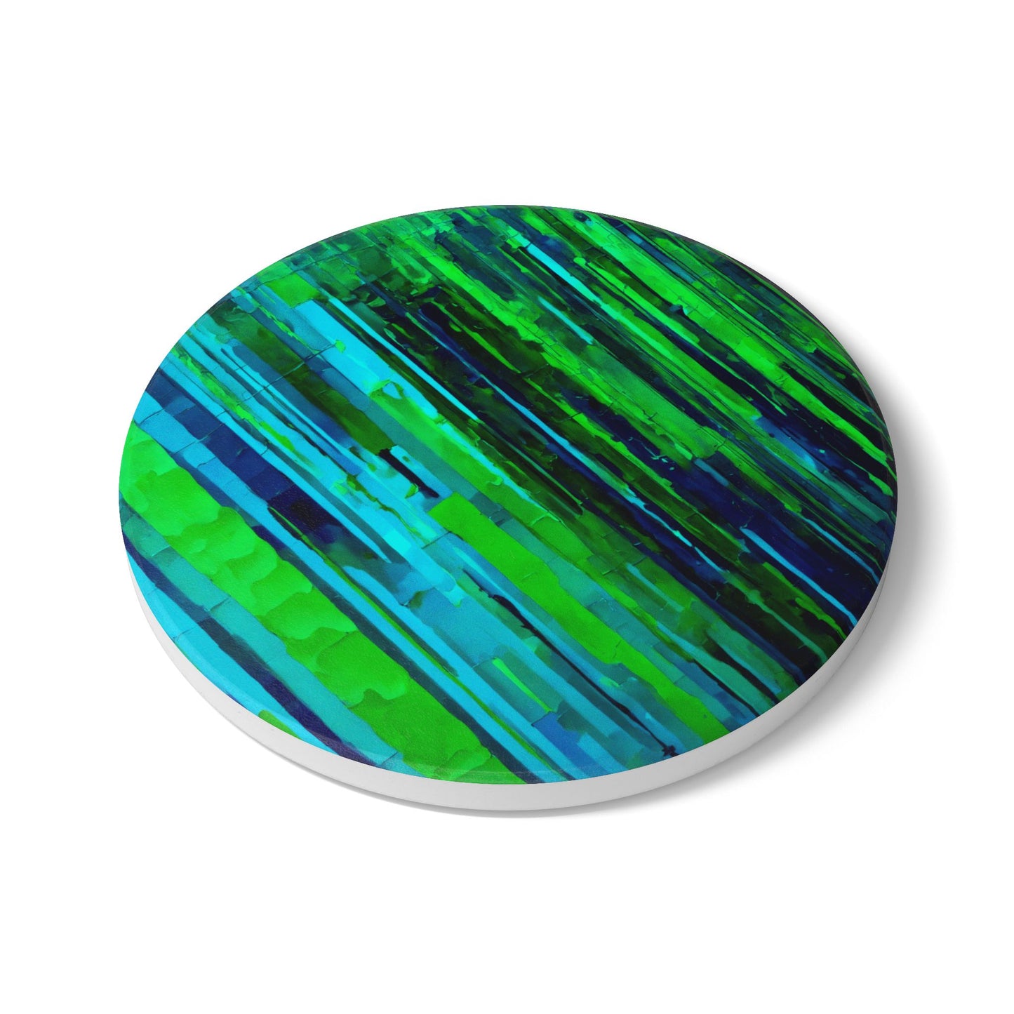 Striped Blue Green 4" x 4" Round Ceramic Coaster