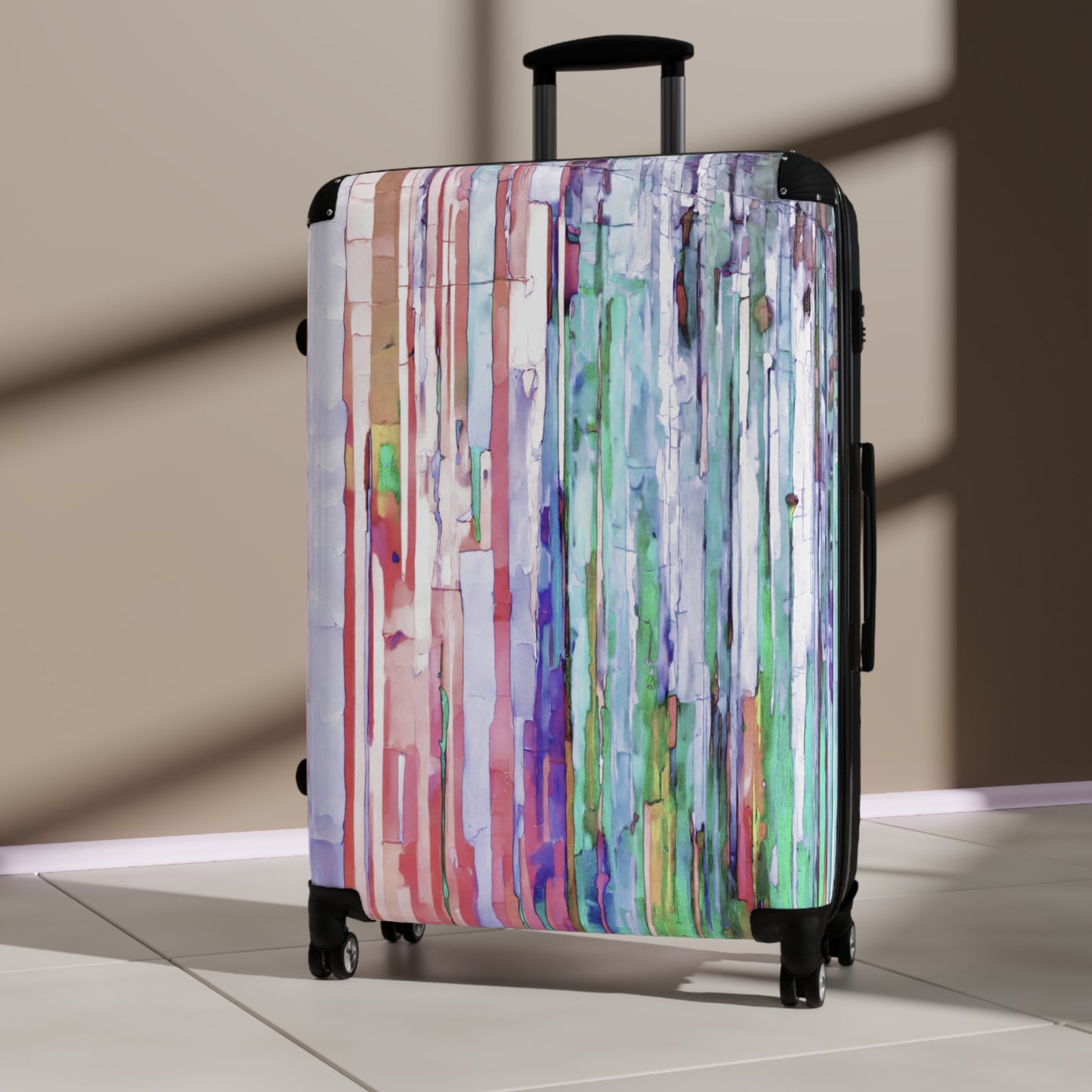 Striped Pastels Large Suitcase with built in lock, 4 double-wheels, telescopic handle, and ABS back hard-shell