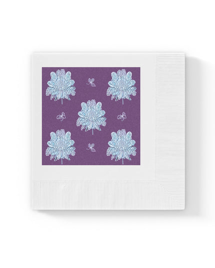 Blue Floral Butterflies White Coined Napkins, 4.8" x 4.8"