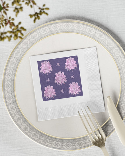 Magenta Floral Butterflies White Coined Napkins, 4.8" x 4.8"