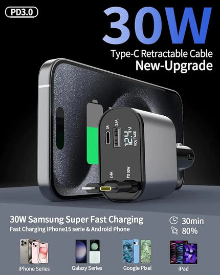 Retractable Car Charger, 4 in 1 Fast Car Phone Charger 66W, Retractable Cables and USB Car Charger,Compatible with iPhone 15/14/13/12/11,Galaxy,Pixel