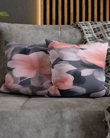 Peach and Blue Gray Floral Bunch Spun Polyester Square Pillowcase, 14" x 14"