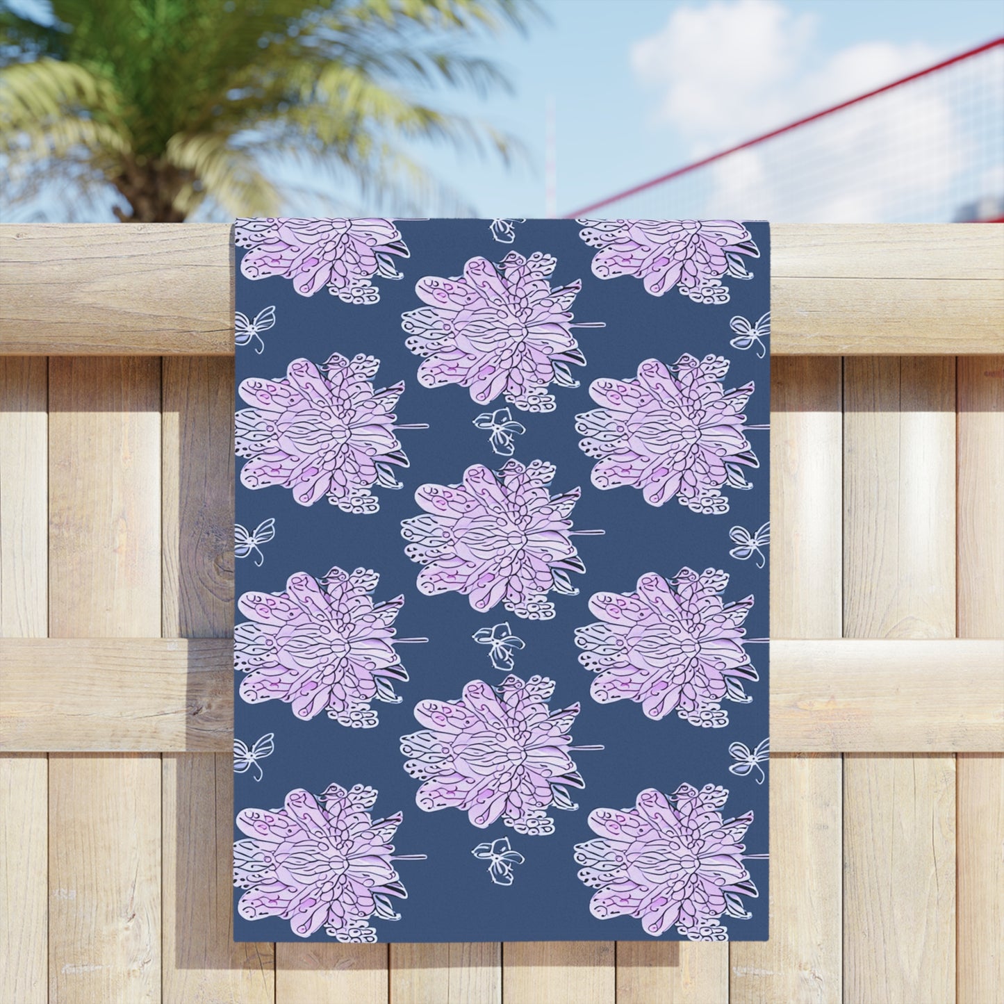 Purple White Floral Butterflies Beach Towel, 24" x 44"