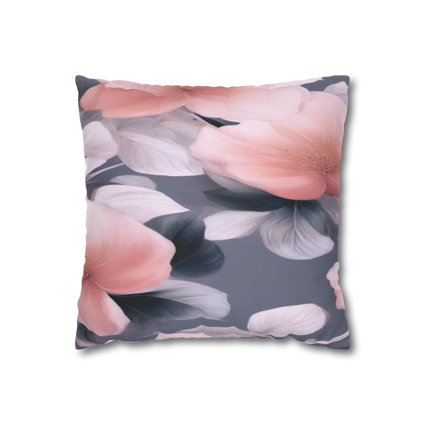 Peach and Blue Gray Floral Bunch Spun Polyester Square Pillowcase, 14" x 14"