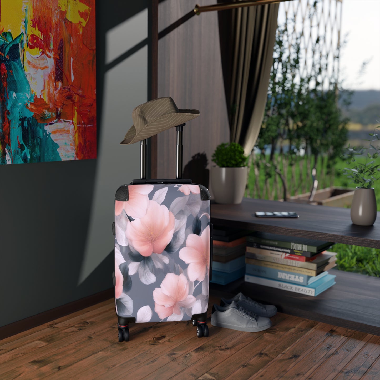 Peach and Blue Gray Floral Bunch Small Suitcase with built in lock, 4 double-wheels, telescopic handle, and ABS back hard-shell