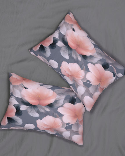 Peach and Blue Gray Floral Bunch Spun Polyester Lumbar Pillow, 20" x 14"