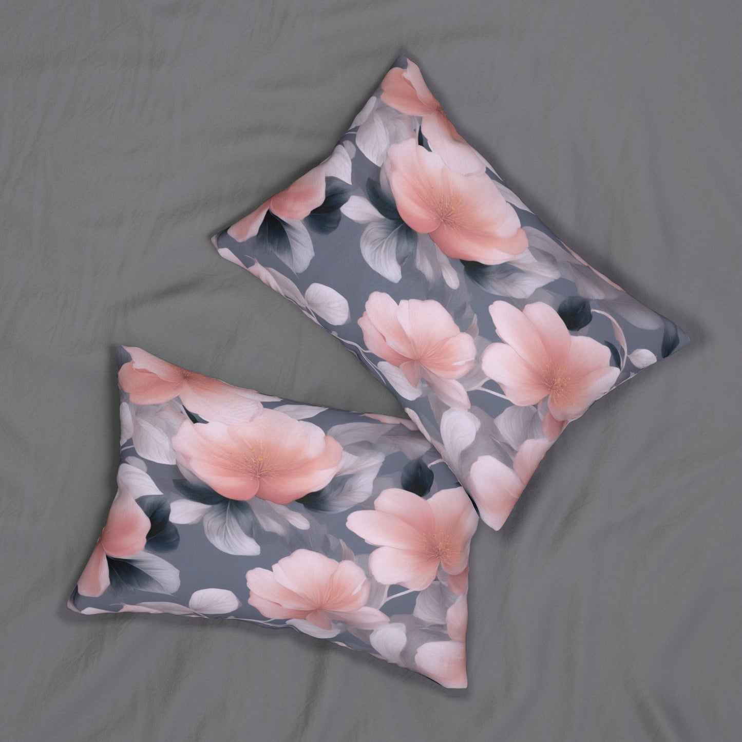 Peach and Blue Gray Floral Bunch Spun Polyester Lumbar Pillow, 20" x 14"
