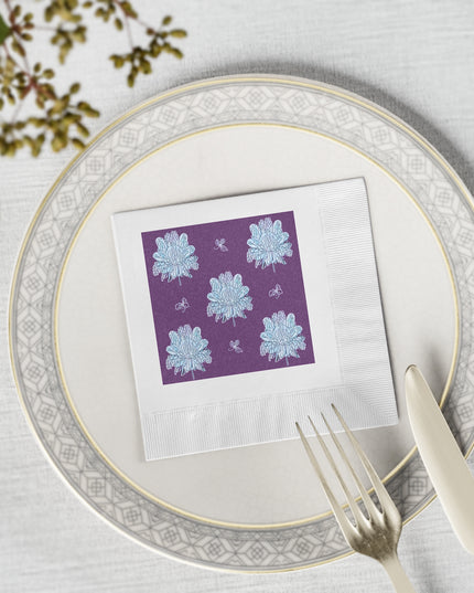 Blue Floral Butterflies White Coined Napkins, 4.8" x 4.8"