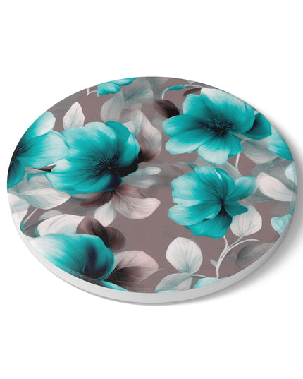 Tif Green Gray Floral Bunch Round Ceramic Coaster, 4" x 4"