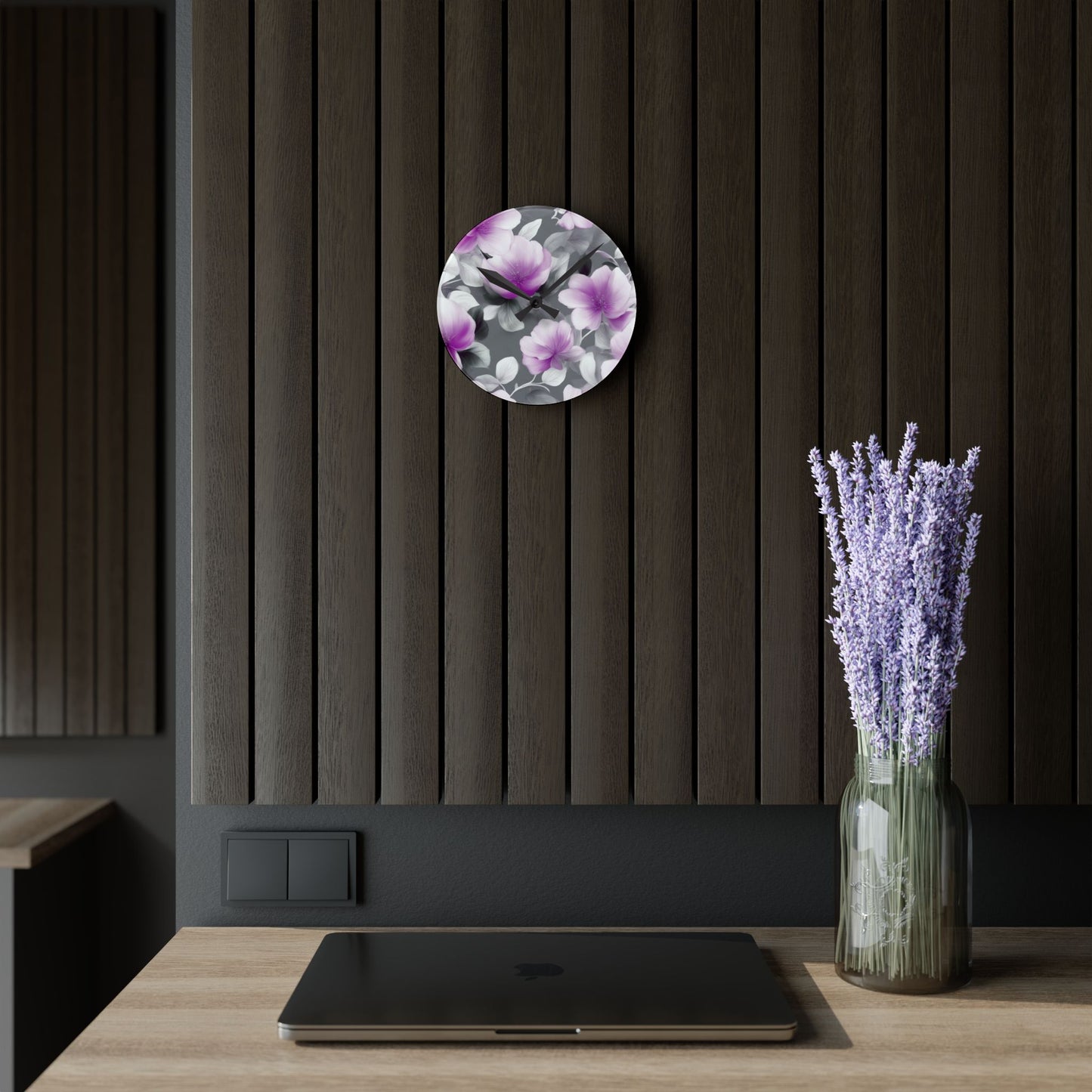 Purple Blossom Floral Bunch Acrylic Round Wall Clock, 8" x 8"